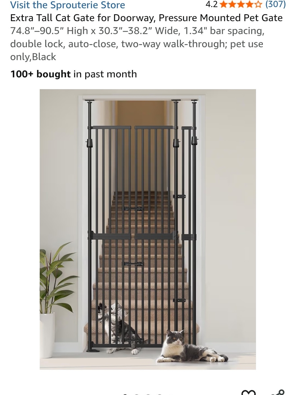 Extra Tall Black Metal Pressure-Mount Pet Gate